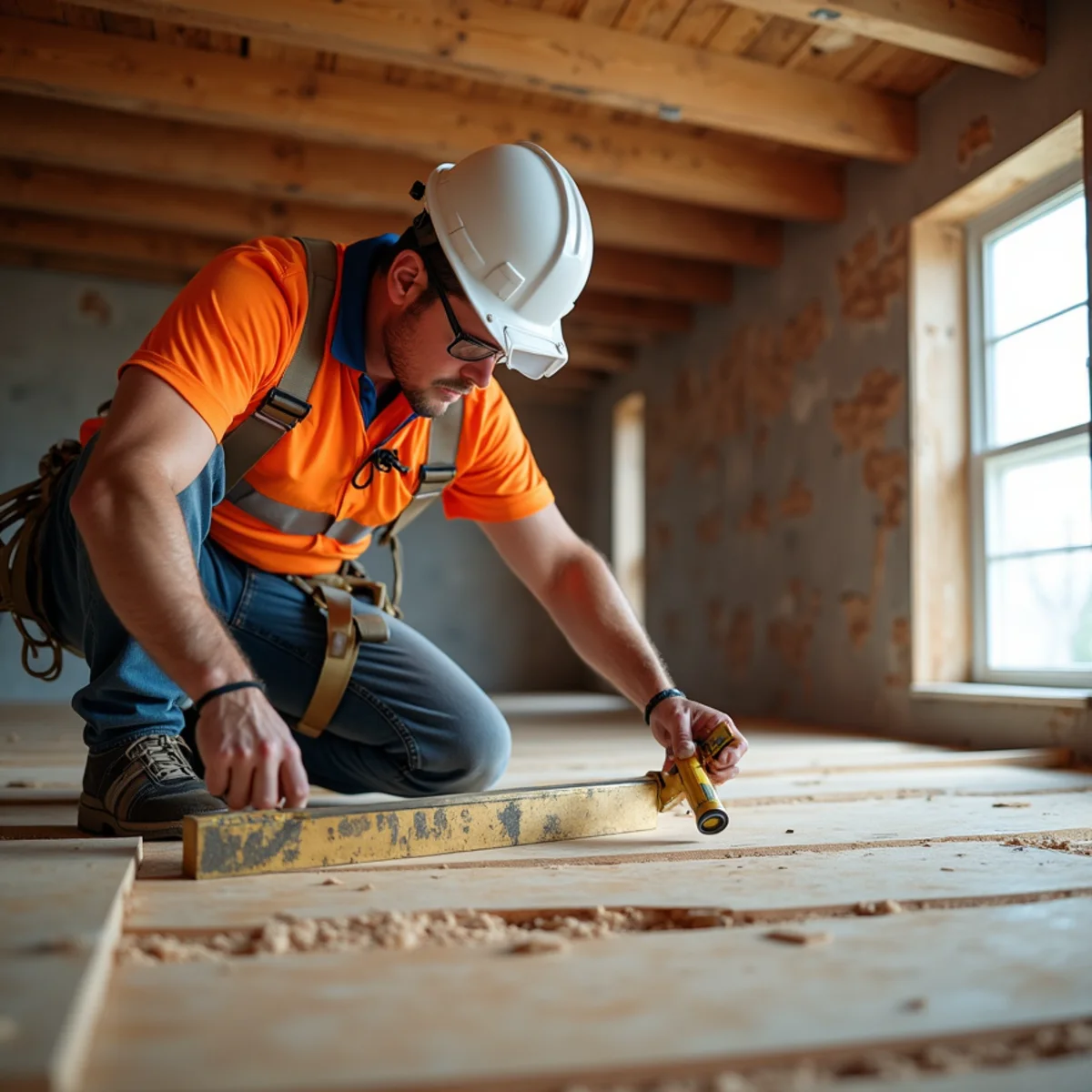 PRIME REPAIR SERVICES technician inspecting wooden roof decking and moisture levels in Houston