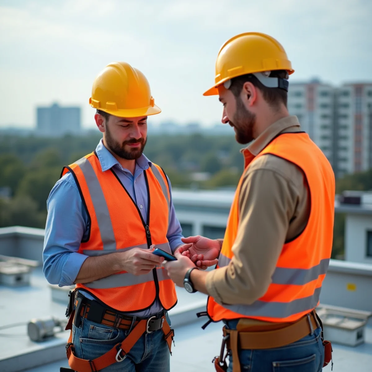 Property manager and commercial roofing contractor inspecting warehouse roof