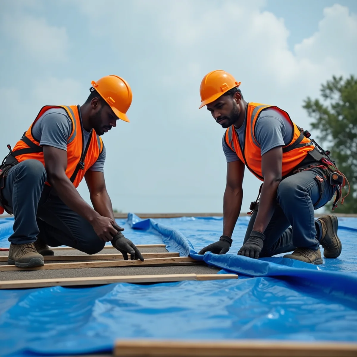 Professional hurricane tarping with wood battens on damaged roof