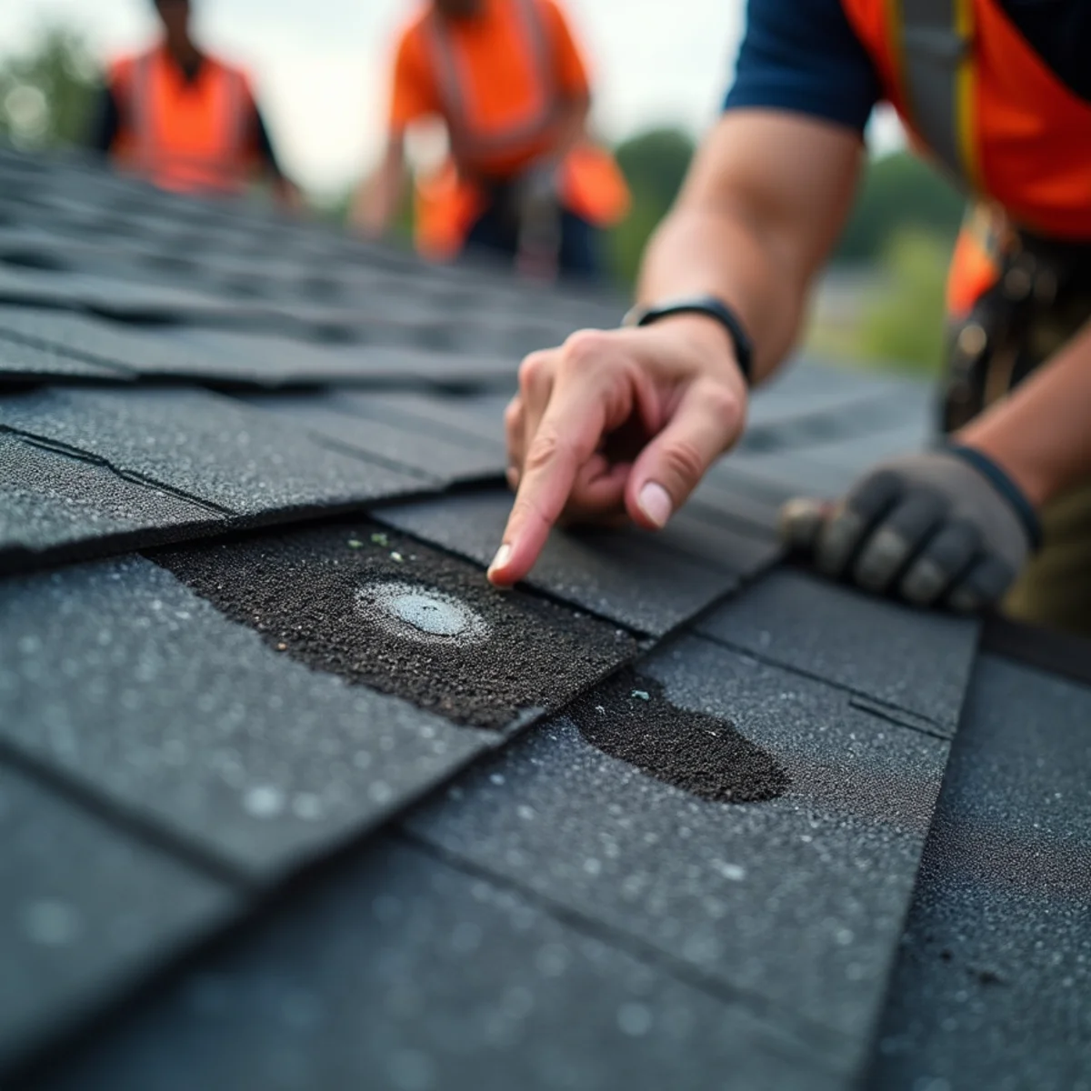 Shingle with hail bruise and granule loss identified with chalk