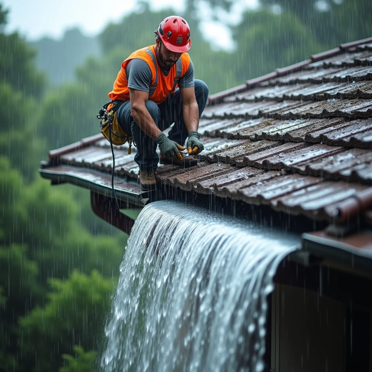 6-inch seamless aluminum gutter discharging heavy tropical rain into downspout extension