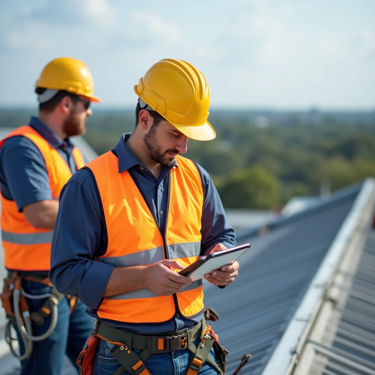 Roofing technician checking roof flashing and edge metals before hurricane season