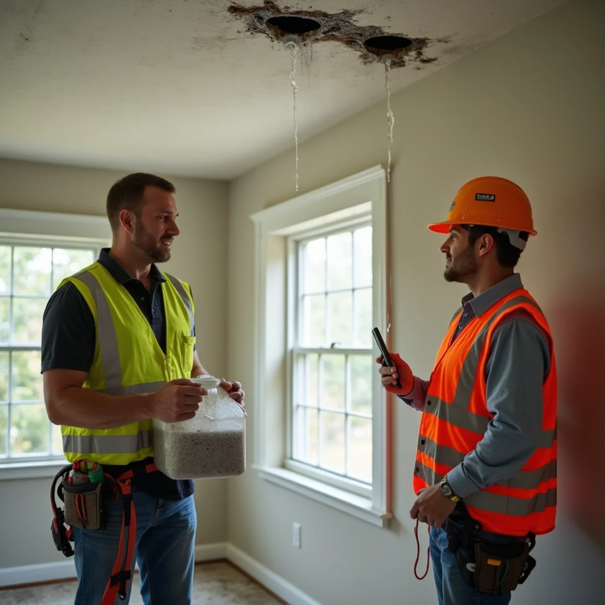 Homeowner safely containing ceiling drip during heavy rain