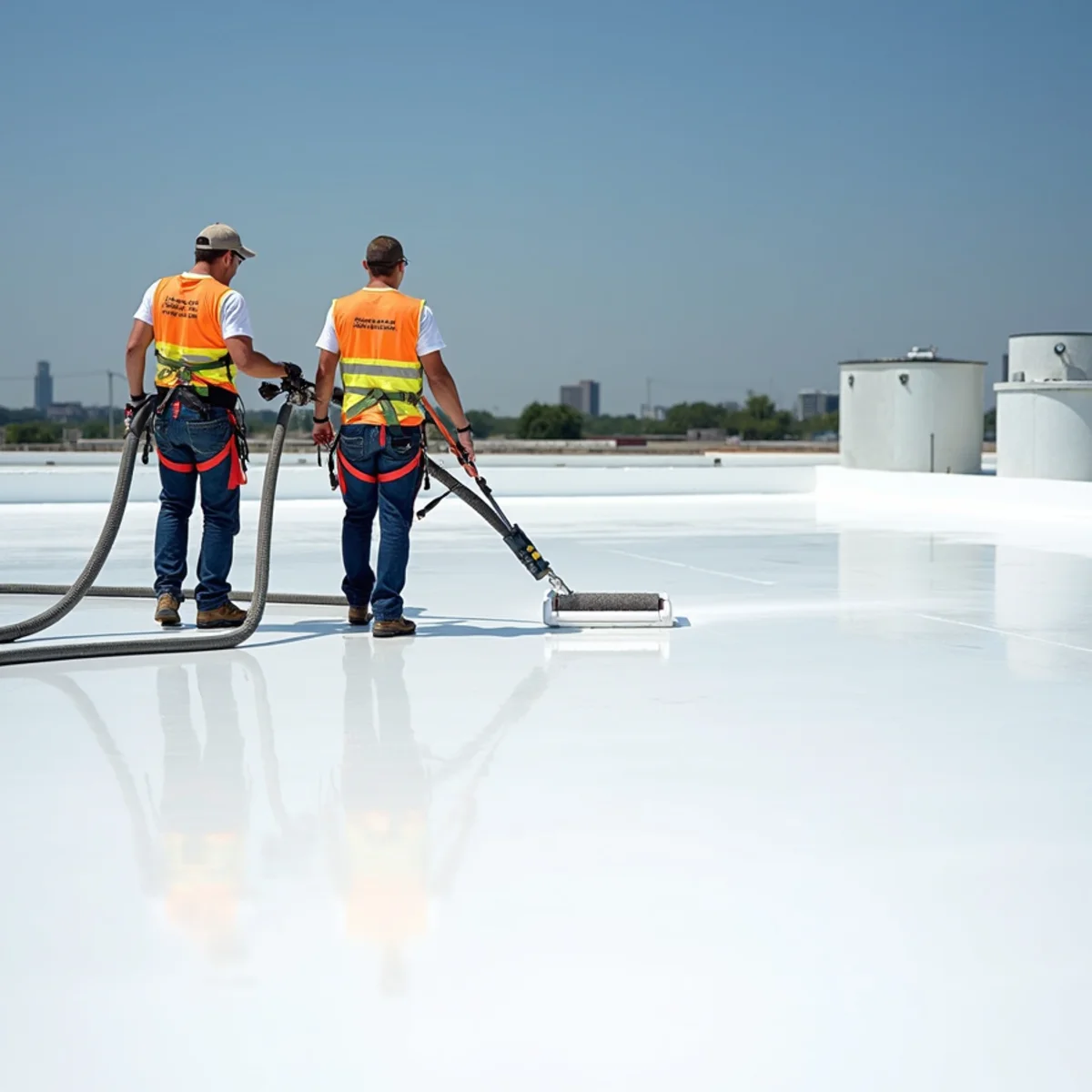 Seamless white silicone roof coating application on commercial building in Houston
