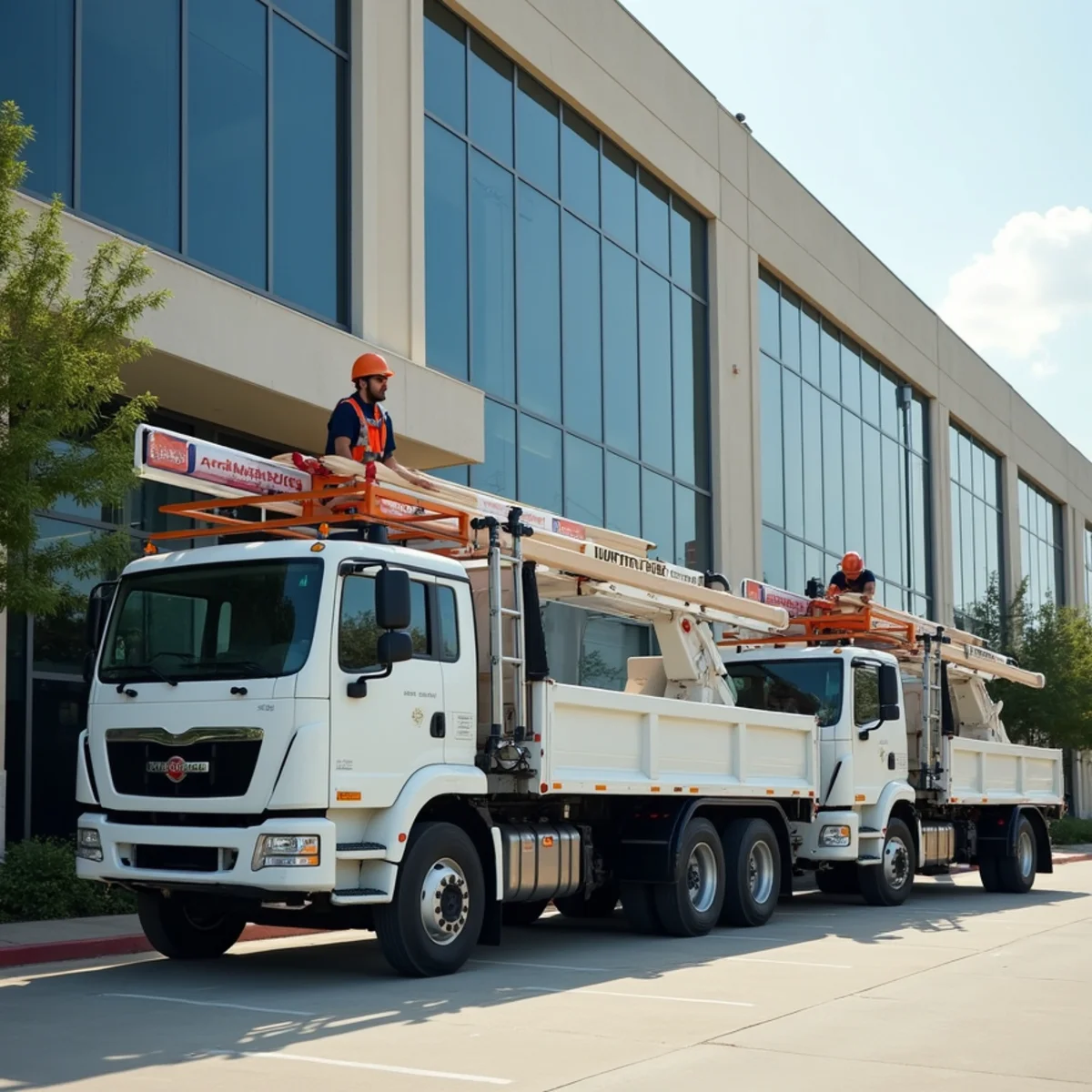 PRIME REPAIR SERVICES service vehicles and certified roofing crew ready for Houston emergency dispatch