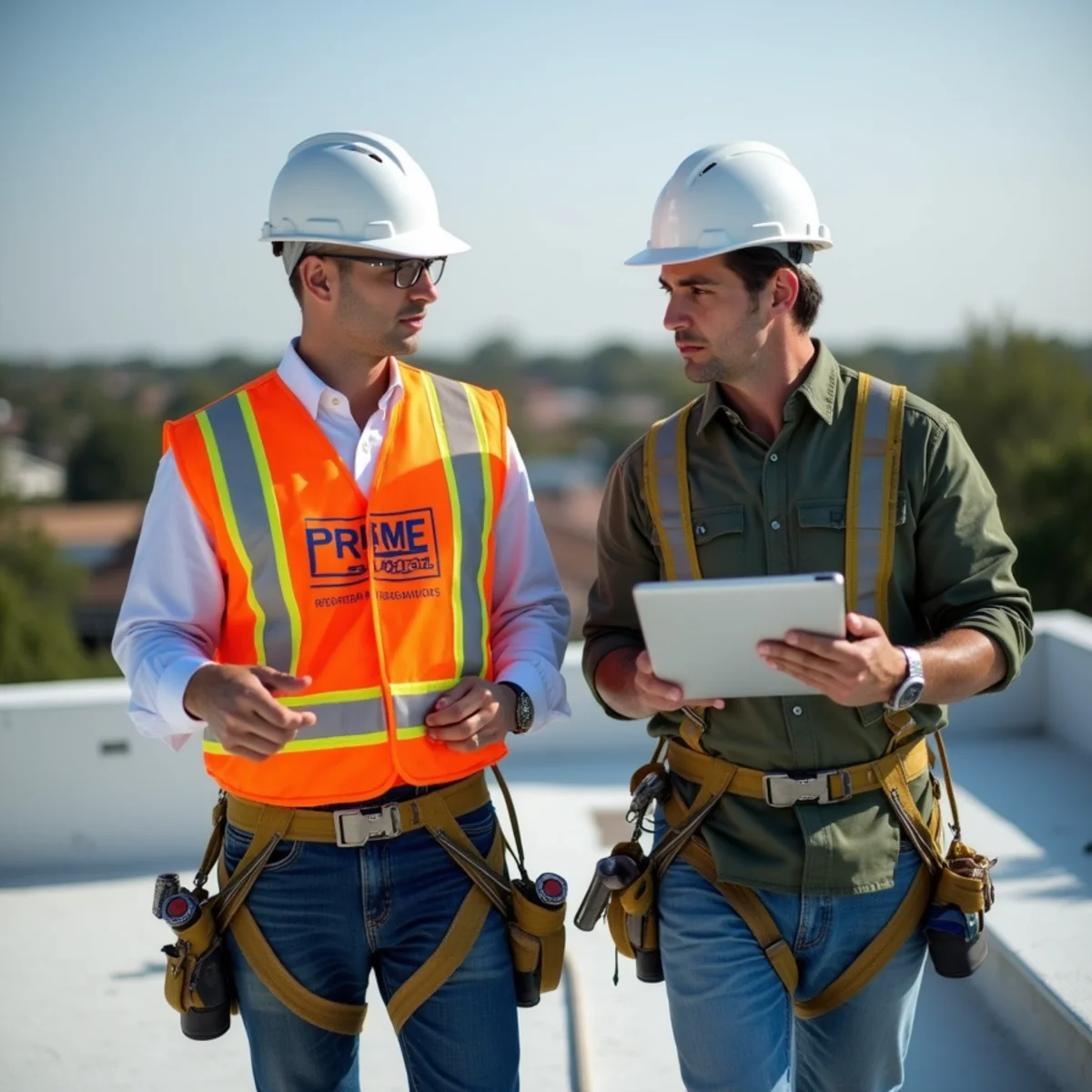 Roofing estimator meeting insurance adjuster for storm claim inspection in Houston