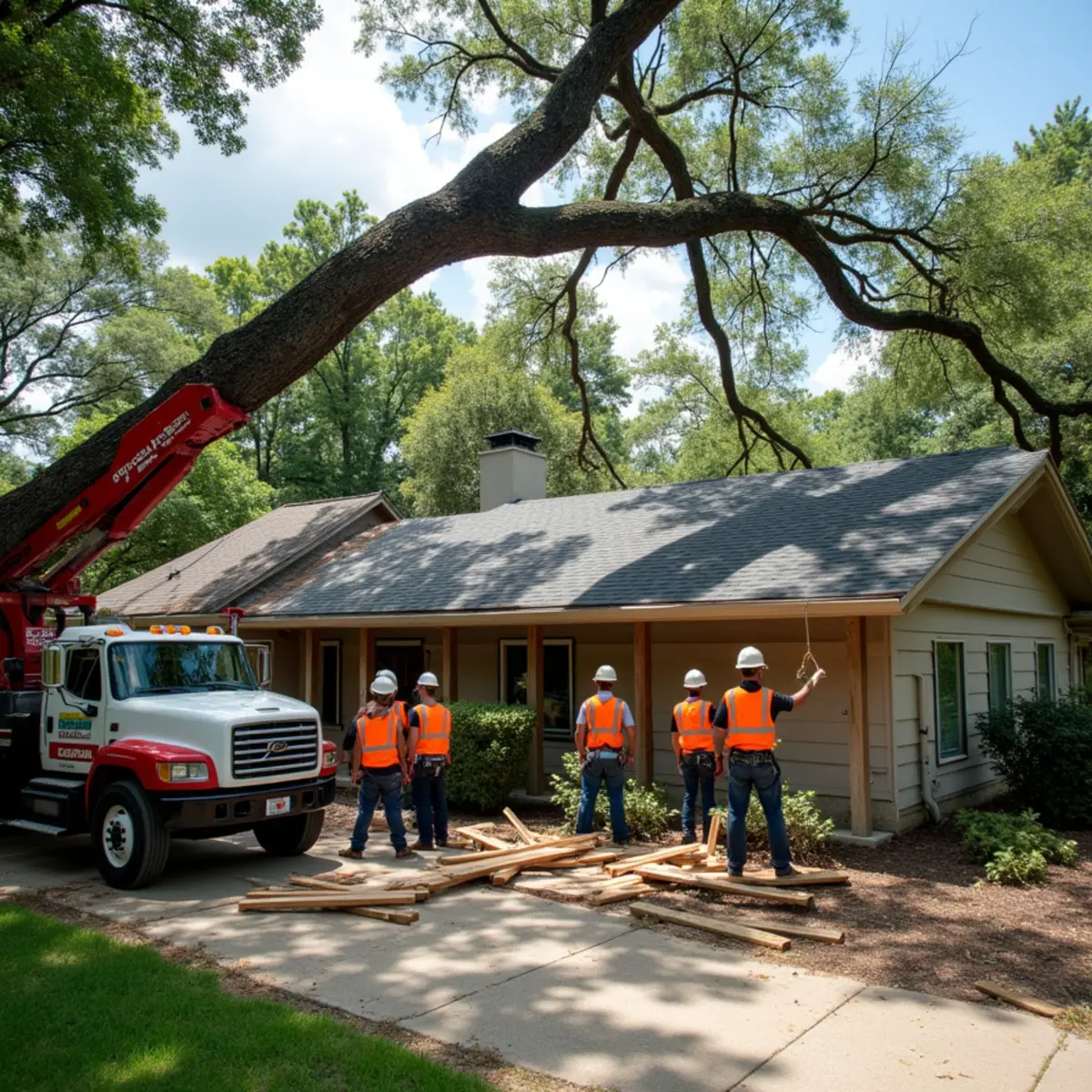 Fallen tree limb roof damage repair and structural truss restoration in Houston